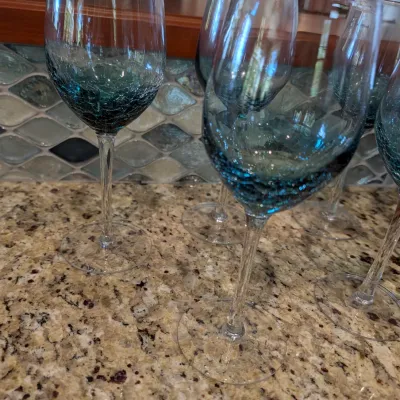 Set Of 7 - Hand Blown Blue Crackle Wine Glasses From The Pier 1 Collection #3