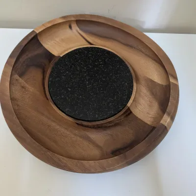 Nambé Wooden Chip and Dip Serving Platter with Stone Center Insert