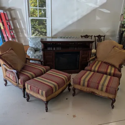 Pair of Striped Armchairs with Matching Ottomans and Accent Pillows