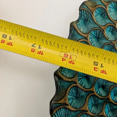 Large Iridescent Turquoise and Gold Glass Peacock Feather Pattern Charger Bowl #2
