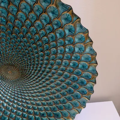 Large Iridescent Turquoise and Gold Glass Peacock Feather Pattern Charger Bowl #2