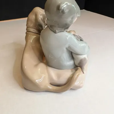 1988 Lladro Figurine "New Playmates" Boy With Dog & Puppies #5456 Stands 5" Tall x 5 1/2" Long #67