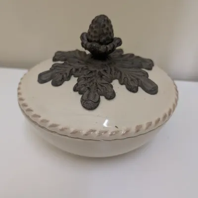2-Tier Ceramic & Cast Iron Serving Stand with Covered Top Dish