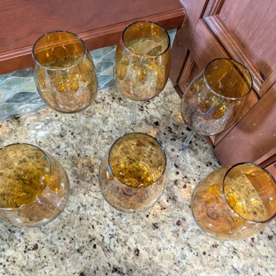 Set Of 7 - Hand Blown Amber Crackle Wine Glasses From The Pier 1 Collection #4