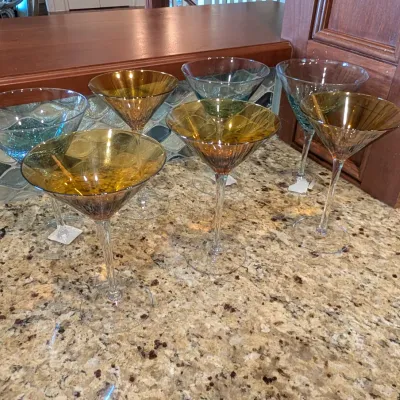 Set Of 7 - Hand Blown Amber & Blue Martini Glasses From The Pier 1 Collection #5