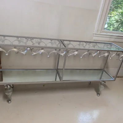 Silver-Tone Metal & Glass Console Table with Mirrored Lower Shelf
