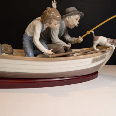 1984 Lladro Figurine #5217 "Fishing With Gramps" Stands 8 3/4" Tall x 15 1/4" Wide x 5 1/2" Deep No Box #45