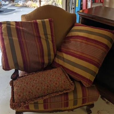 Pair of Striped Armchairs with Matching Ottomans and Accent Pillows