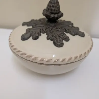 2-Tier Ceramic & Cast Iron Serving Stand with Covered Top Dish