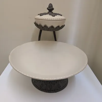 2-Tier Ceramic & Cast Iron Serving Stand with Covered Top Dish