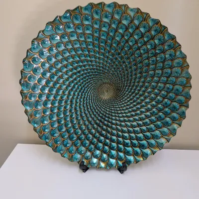 Large Iridescent Turquoise and Gold Glass Peacock Feather Pattern Charger Bowl #1