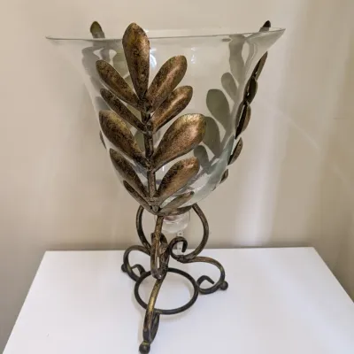 Decorative Glass Hurricane Vase in Wrought Metal Leaf Stand