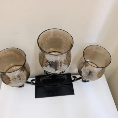 3-Light Metal Candelabra Centerpiece with Amber Glass Hurricane Shades