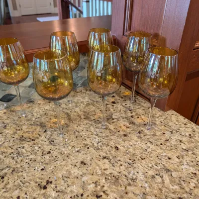 Set Of 7 - Hand Blown Amber Crackle Wine Glasses From The Pier 1 Collection #4
