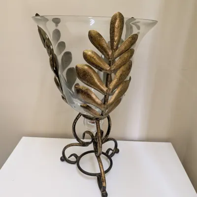 Decorative Glass Hurricane Vase in Wrought Metal Leaf Stand