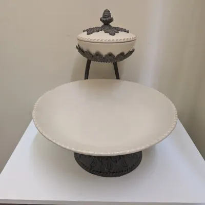 2-Tier Ceramic & Cast Iron Serving Stand with Covered Top Dish