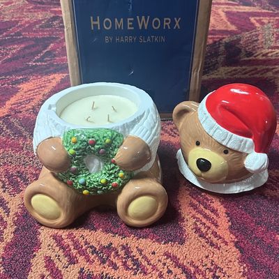 HomeWorx Harry Slatkin Ceramic Christmas Teddy Bear Filled Candle Santa Hat Lid Box Unused