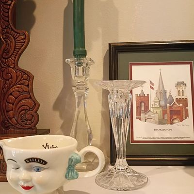 Baileys character mug, crystal candlesticks, framed print