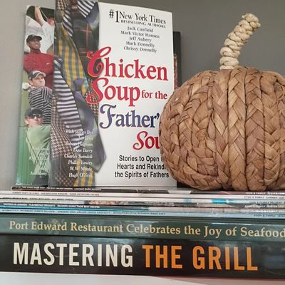 Grilling cookbooks, woven pumpkin decor