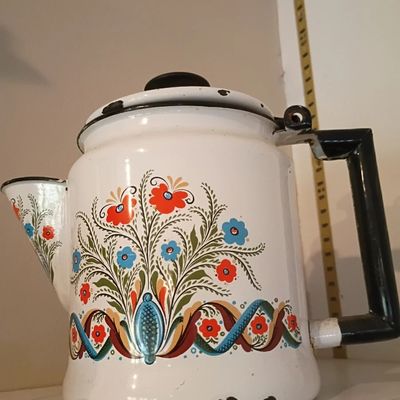Vintage enamel coffee pot, folk art floral