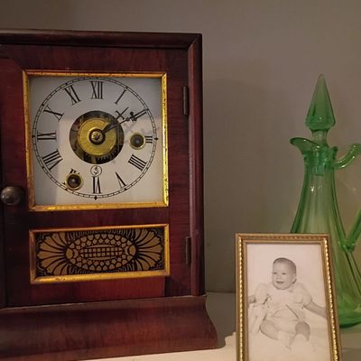 Antique ogee shelf clock, green glass decanter