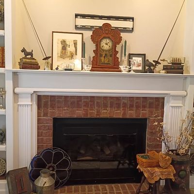 Oak gingerbread mantel clock, vintage milk can, fireplace decor