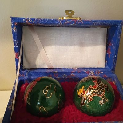 Chinese cloisonne Baoding balls in silk box