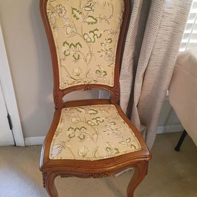 French Provincial carved side chair, crewel upholstery