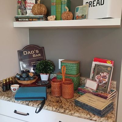 Enamel bread box, cookbooks, kitchen decor