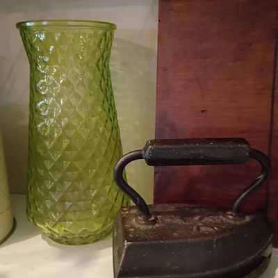 Antique cast iron sad iron, green diamond glass vase