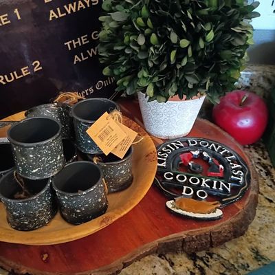 Metal napkin rings, wood slab serving tray