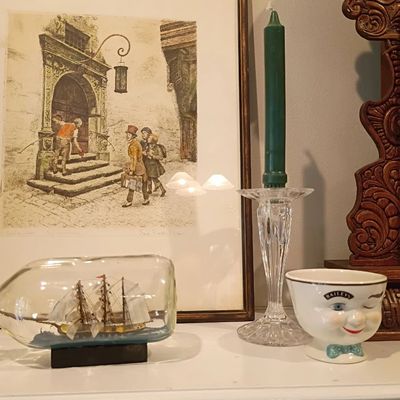 Framed street scene print, ship in a bottle, crystal candlestick