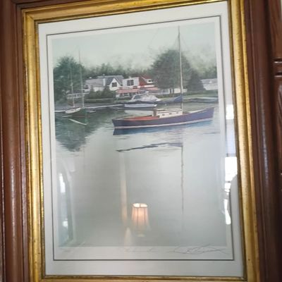 Framed sailboat harbor print, wood and gilt frame