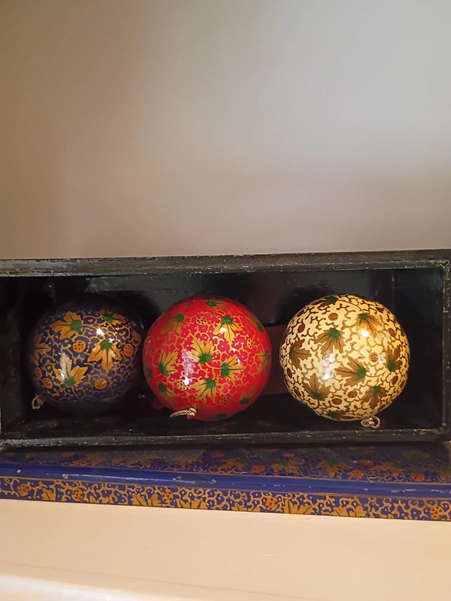 Hand-painted papier-mache ornaments, set of 3, boxed