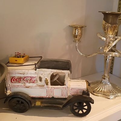 Coca-Cola metal delivery truck model, silverplate candelabra