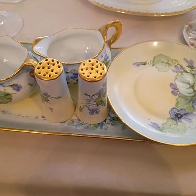 Hand-painted violet porcelain tray, creamer, salt and pepper