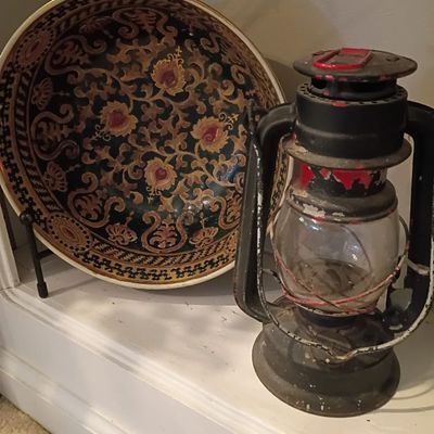Vintage metal lantern, hand-painted decorative bowl