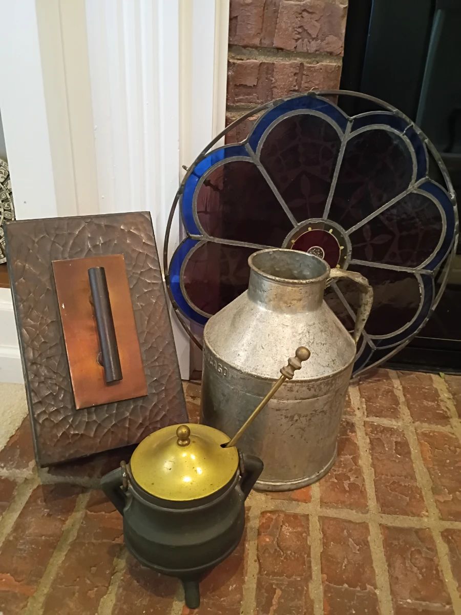 Copper wall plaque, galvanized milk can, brass lidded pot, leaded glass panel