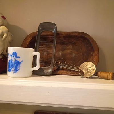 Vintage cowboy milk glass mug, wood dough bowl, utensils