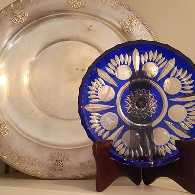 Cobalt blue cut-to-clear glass plate, silverplate tray