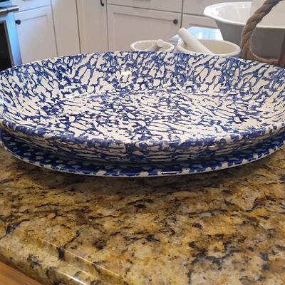 Blue and white spatterware serving platters
