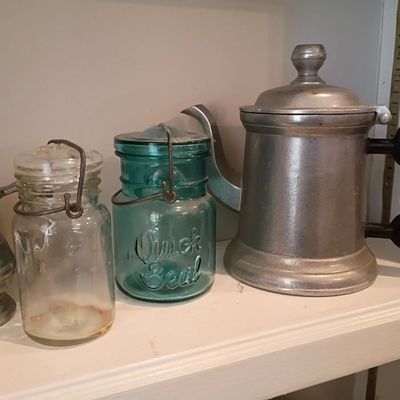 Pewter tankard, vintage aqua glass canning jars