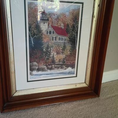 Framed lighthouse print, wood frame