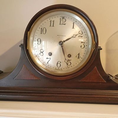 Vintage tambour mantel clock, wood case