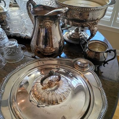 Silverplate water pitcher, chafing dish, covered serving tray