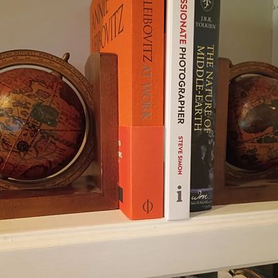 Globe bookends, photography books