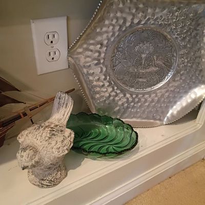 Hammered aluminum tray, green glass leaf dish, ceramic bird
