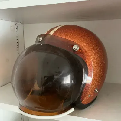 70’s Orange Metal flake Motorcycle Helmet with Tinted Bubble Visor