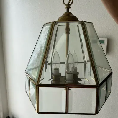 Handcrafted Mexican Brass And Beveled Glass Hanging Lamp