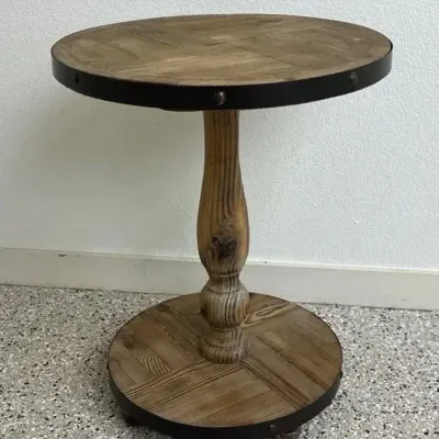 Rustic Wood Round Side Table With Metal Trim